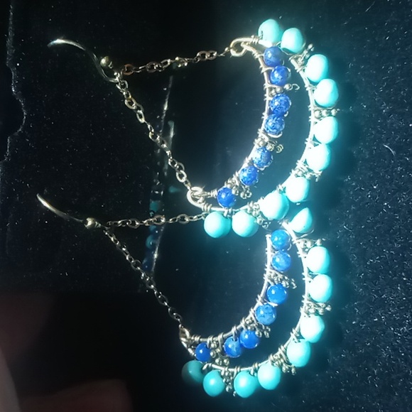 Turquoise & sodalite dangle earrings chain hung on hooks - Picture 3 of 5